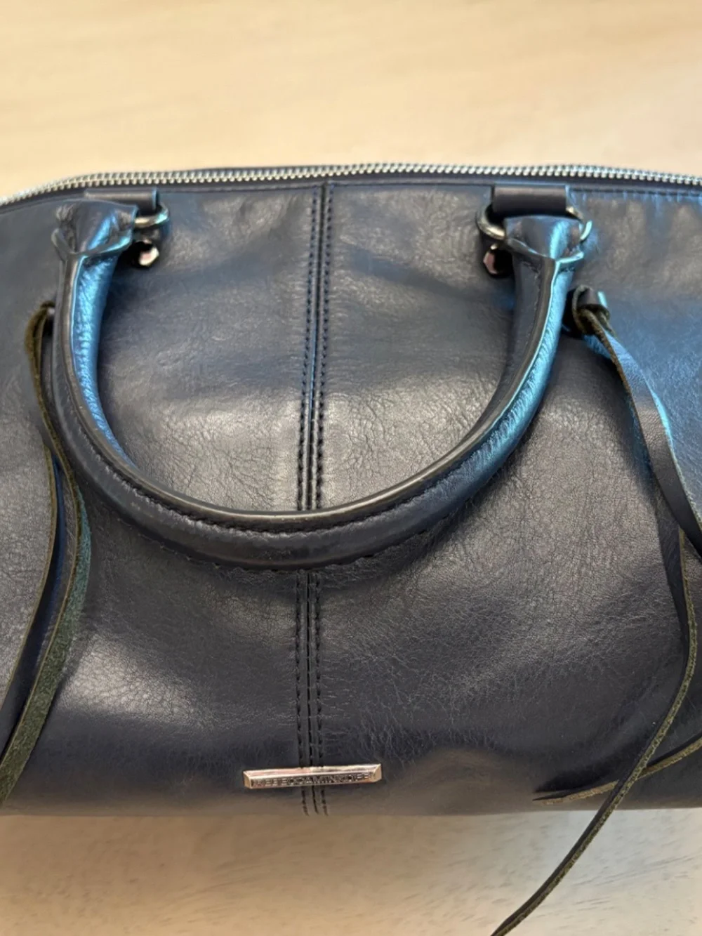 Rebecca Minkoff Moto Satchel Tote Navy Pebbled Leather w/ Strap, Dust Bag